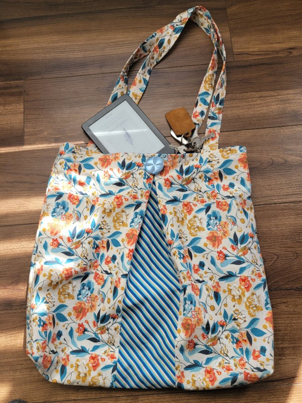 NEW handmade tote; pleated contrasting fabrics lined, blue orange floral stripe